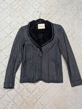 Illia Jacket Womens XS Blue Navy Leather Blazer Tailored Classic Chic Fitted